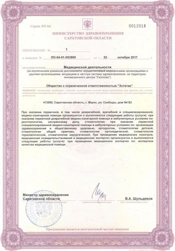 Приложение к лицензии на осуществление медицинской деятельности Эстетик